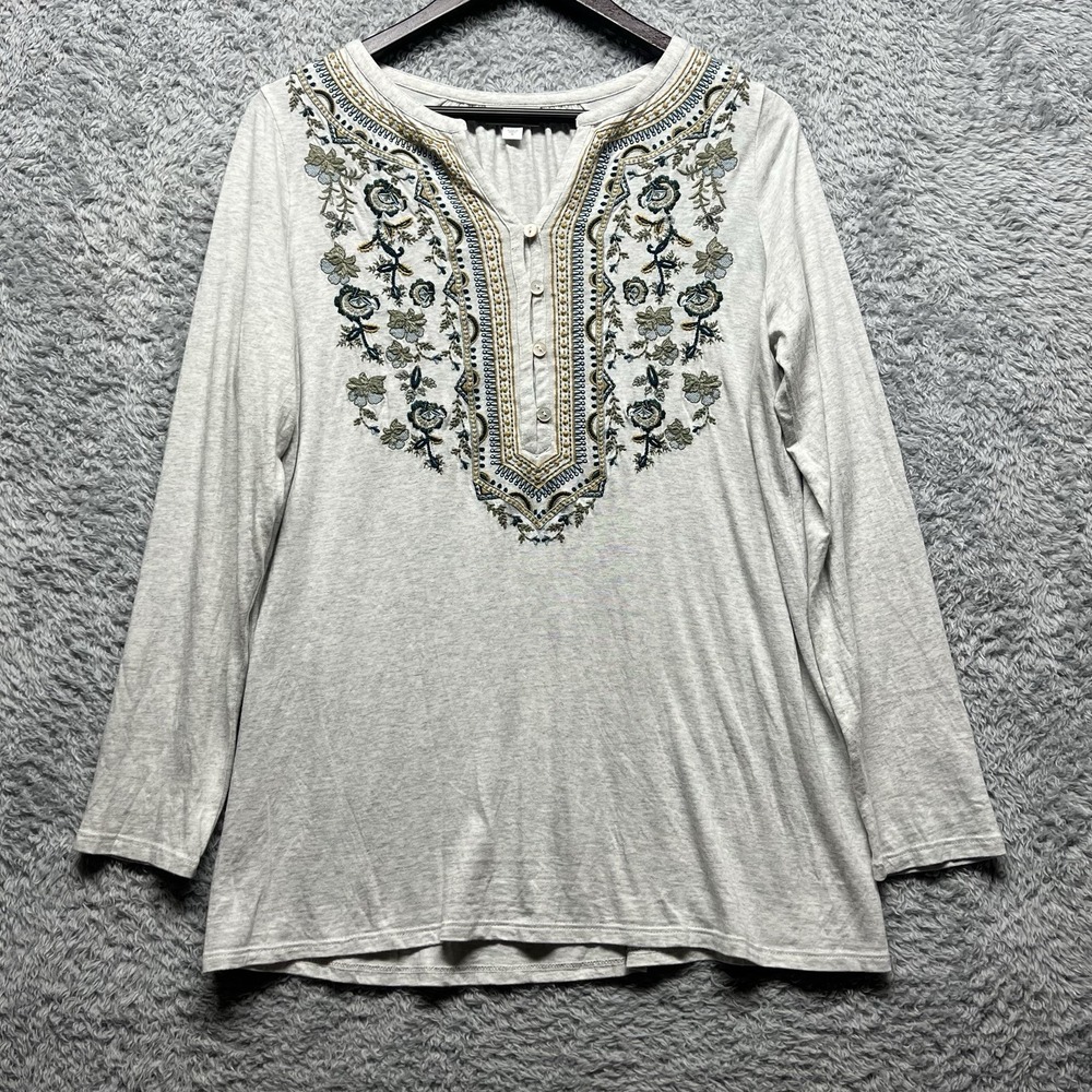 J Jill‎ Top Womens Medium Gray Embroidered Floral Peasant Boho Henley Blouse